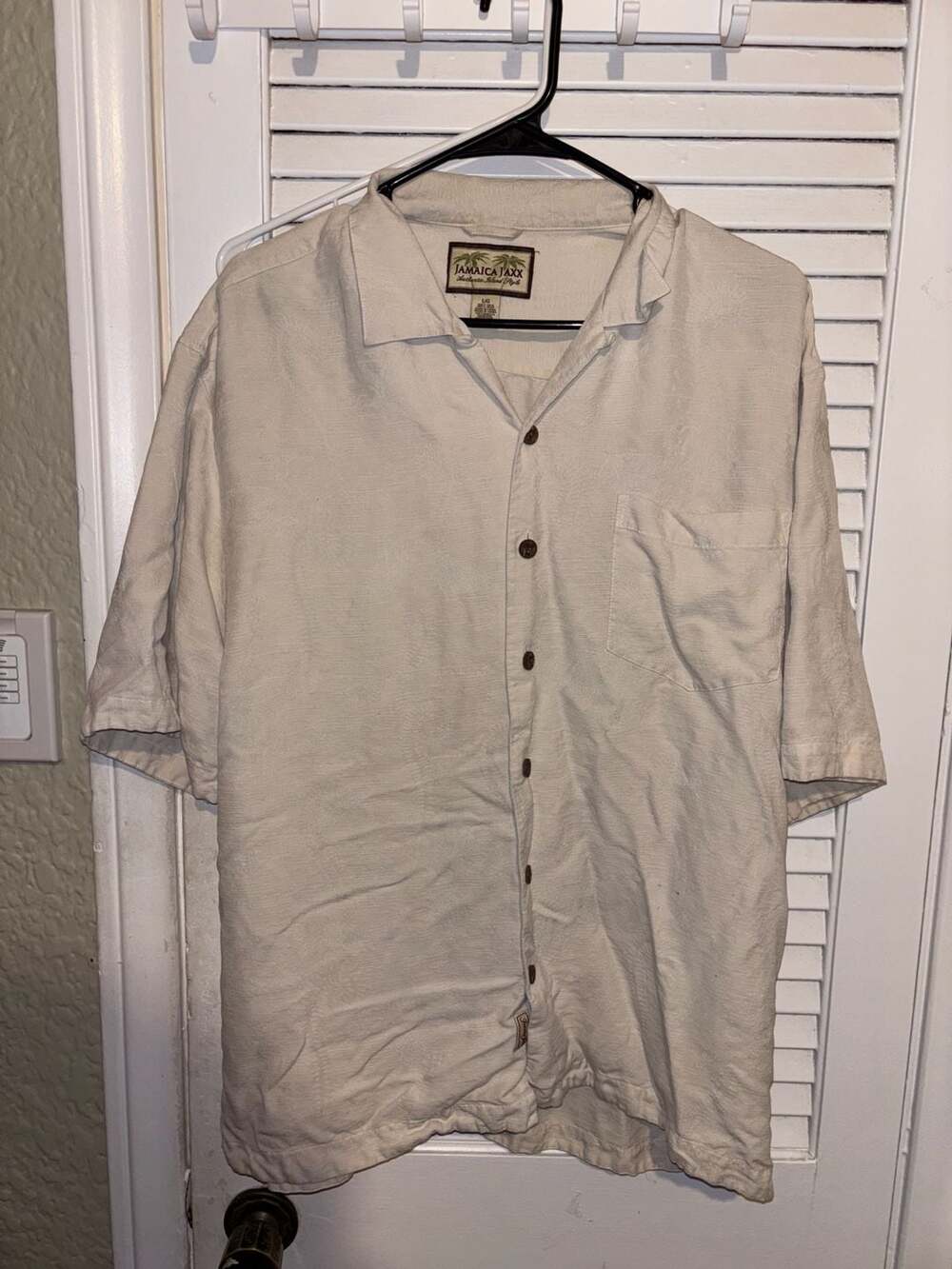 Jamaica Jaxx Island Style 100% Silk Tan Short Sleeve Button Down Shirt Size L
